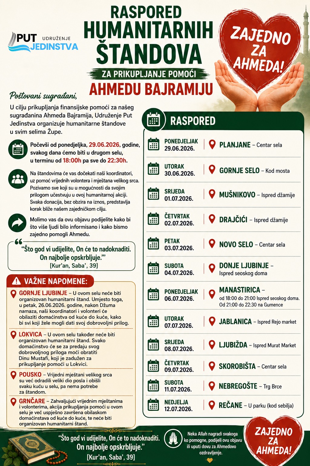 ZAJEDNO ZA AHMEDA – Pokrenuta humanitarna akcija u Župi i Podgori Poster "Zajedno za Ahmeda"